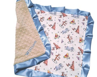 Custom Winnie the Pooh Baby Blanket, Personalized with Satin Ruffle Option, Pooh and Friends