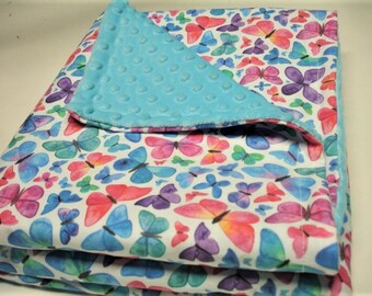 Butterflies Baby Blanket Ready to Ship Baby Girl Butterfly Minky Blanket Blue Purple Pink