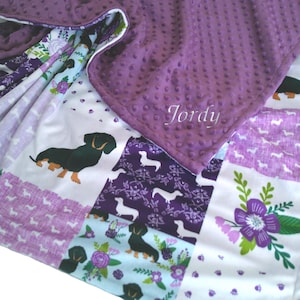Wiener Dog Blanket, Personalized Dachshund Bedding for Girl, Dog Throw with Satin Ruffle Option