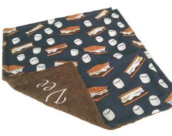 Smore Blanket, Personalized Camping Gift, Custom Embroidered Camper Throw, Smore with Satin Ruffle Option