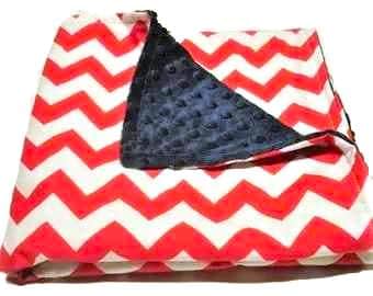 Red Baby Blanket, Ready to Ship Shower Gift for Boy or Girl, Chevron Cotton and Minky Security Blanket