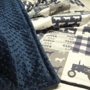 Farm Blanket Plaid Version Personalized Navy Gray Dusty Blue Baby Toddler Child Adult Minky Blanket
