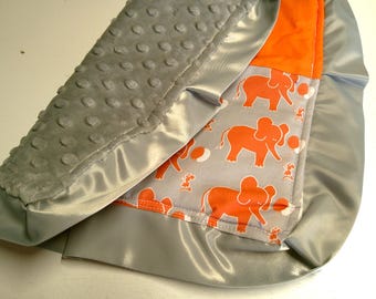 Elephant Baby Lovey, Minky Plush with Satin Ruffle, Elephant and Mouse Security Blanket, Ready to Ship