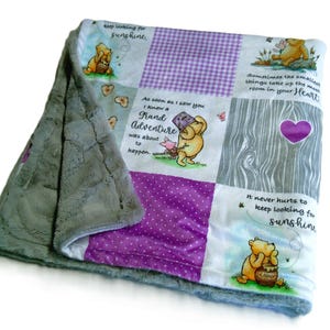 Winnie the Pooh Baby Blanket, Shower Gift for Girl, Nursery Baby Decor, Ready to Ship Plush Minky Fur Swaddle Blanket Purple Yellow Pink