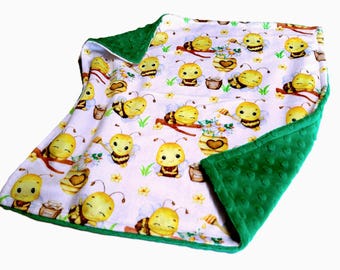 Bee Blanket, Personalized Honeybee Baby Nursery Bedding, Gift for the Beekeeper, Satin Ruffle Option