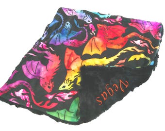 Dragon Blanket, Personalized Gift Black Dragons Minky Plush Blanket, Rainbow Colors, Gender Neutral Fur Throw