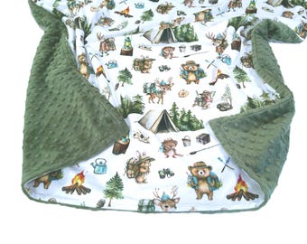 Hiking Blanket, Personalized Woodland Animals Bedding, Tent Camping in the Woods, Satin Ruffle Option