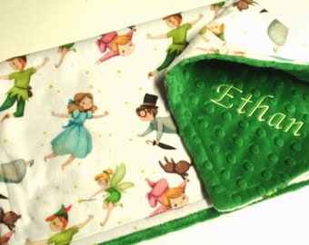 Personalized Baby Blanket Peter Pan Blanket Toddler Child Adult Minky Blanket Teal Pink Green