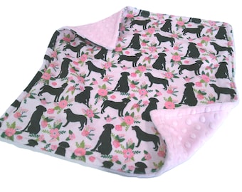 Black Lab Lovey for Girl, Personalized Labrador Baby Security Blanket, Pink Floral Minky Plush Snuggly with Satin Ruffle Option