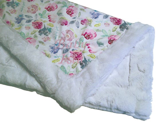 Vintage Floral Blanket, Personalized Violet Mauve Flowers Bedding, Rose Baby Gift with Satin Ruffle Option