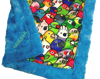 Bird Blanket, Personalized Parrot Gift, Embroidered with Name Pet Bedding, Bright and Colorful Minky