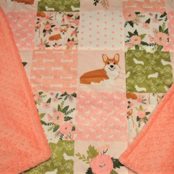 Corgi Blanket Personalized Minky Blanket Coral Pink Green Baby Toddler Child Adult Blanket