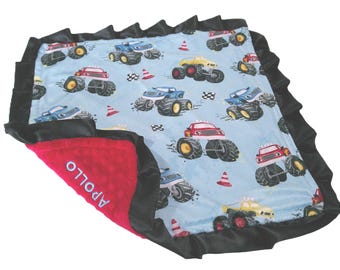 Monster Trucks Blanket, Personalized Monster Jam Bedding, All Sizes, Soft Minky Plush