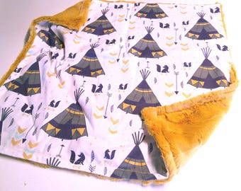 Teepee Baby Lovey, Aztec Security Blanket, Fox Plushie, Cotton and Gold Fur