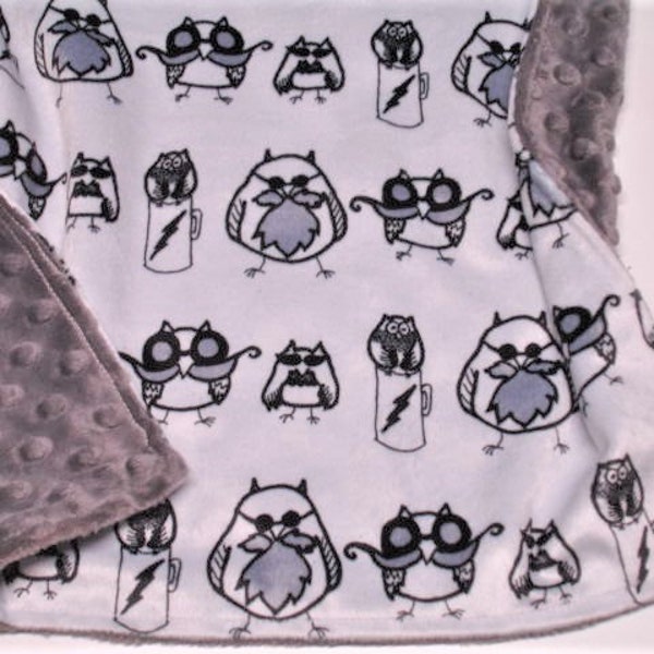 Owl Blanket Personalized Mustache Blanket Black Gray White Baby Toddler Child Adult Minky Blanket