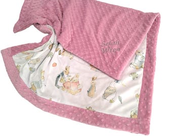Peter Rabbit Blanket, Classic Neutral Nursery Decor, Rabbit Baby Bedding, With Satin Ruffle Option