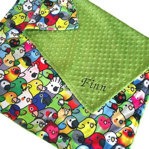 May include: A rectangular blanket featuring a colorful pattern of various cartoon parrots and birds in shades of red, yellow, blue, and green. One side is a solid lime green minky fabric with a raised dot texture and the name Finn embroidered in black.