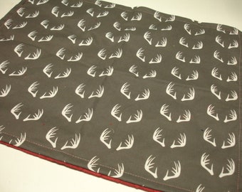 Burp Cloth Antlers Baby Lovey Security Blanket Charcoal Gray Red Minky Ready to Ship