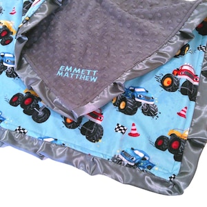 Monster Trucks Blanket, Personalized Blanket for Boy, Monster Jam Gift for Toddler, Minky Boys Bedding, 4 Wheel Trucks