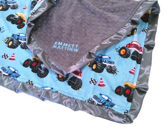 Monster Trucks Blanket, Personalized Monster Jam Bedding for Boy, Minky Plush