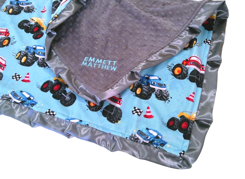 Monster Trucks Blanket, Personalized Blanket for Boy, Monster Jam Gift for Toddler, Minky Boys Bedding, 4 Wheel Trucks image 1