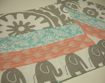 Elephants in Wonderland Aqua Coral Gray Minky Baby Burp Cloth Set READY TO SHIP