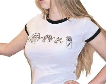 Owl Jersey T Shirt, Short Sleeved Mustache Bella Ringer, Tee Screen Printed S M L XL Ready to Ship