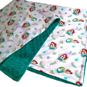 Little Mermaid Personalized Blanket, Cotton Throw, Toddler Girls Minky Mermaid Bedding, Choose Minky Color Backing