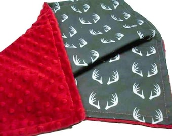 Baby Burp Cloth, Antlers Baby Lovey, Hunting Themed Baby Gift, Security Blanket Minky Plush Reusable Receiving Blanket Ready to Ship