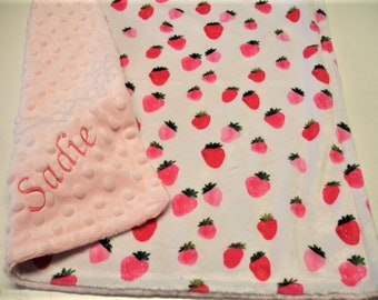 Personalized Baby Lovey Blanket Strawberries Baby Security Blanket Plush Minky Lovey