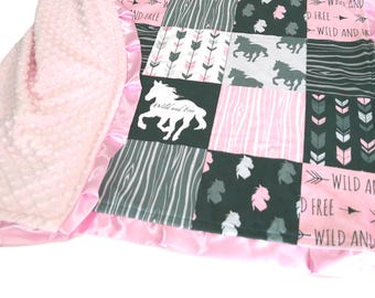 Horse Blanket, Personalized Wild Stallion Bedding, Girls Pony Throw, Pink and Gray Western Decor