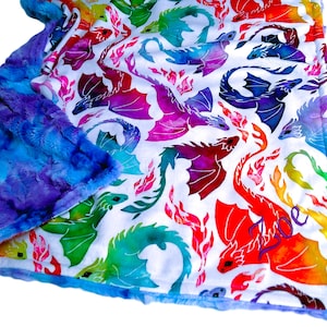 Personalized Rainbow Dragons Blanket, Baby Dragon Bedding, Embroidered Toddler Blanket, With Satin Ruffle Option, Adult Dragon Gift
