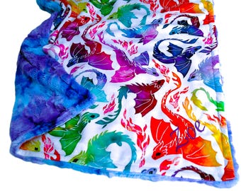 Personalized Rainbow Dragons Blanket, Baby Dragon Bedding, Embroidered Toddler Blanket, With Satin Ruffle Option, Adult Dragon Gift