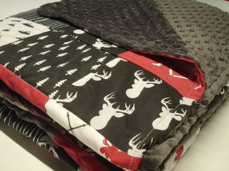 Mountaineer with Black Deer Head Rustic Minky Blanket You Choose Size MADE TO ORDER