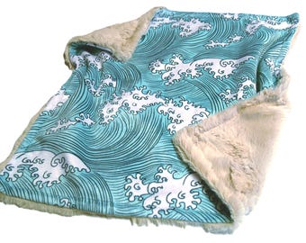 Personalized Ocean Waves Blanket, Nautical Baby Blanket with Satin Ruffle Option, Minky Plush
