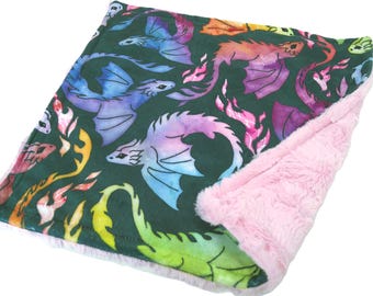 Dragon Blanket, Personalized Gift Black Dragons Minky Plush Blanket, Rainbow Colors, Gender Neutral Fur Throw