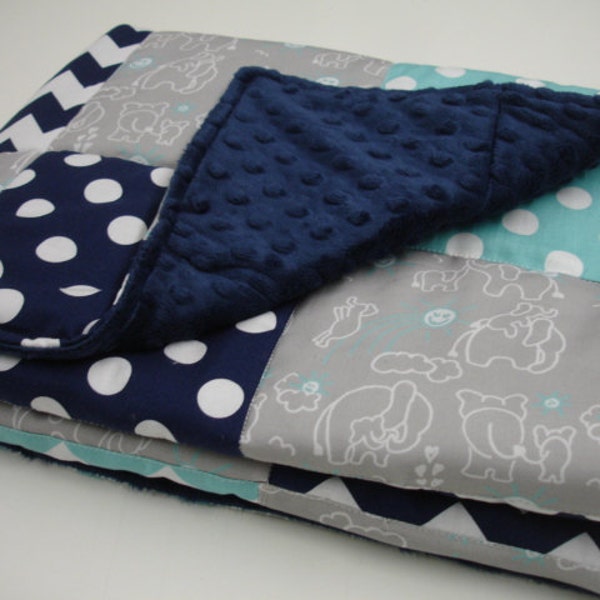 Elephants You Are My Sunshine in Aqua and Navy Minky Baby Blanket MADE TO ORDER