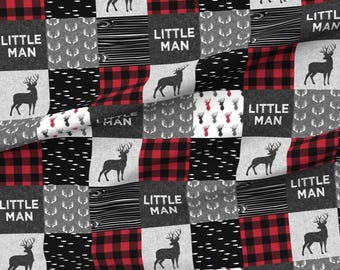 Little Man Blanket, Personalized Woodland Deer Bedding, Black Gray Red, Rustic Camping Decor