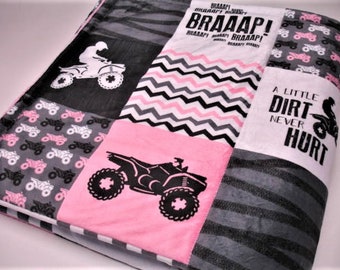 4 Wheel Blanket Personalized Cotton ATV Blanket Girls Toddler Child Adult Sizes Pink Black Gray Minky