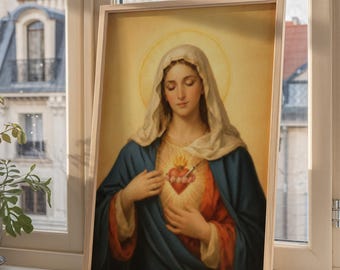 Immaculate Heart of Mary Art Print, Catholic Home Decor, Blessed Mother Canvas Wall Art