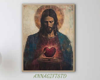 Sacred Heart of Jesus, Antique Divine Light, Jesus Oil Painting, Jesus painting, Jesus Portrait, Christian Art,Digital Dowload, N462