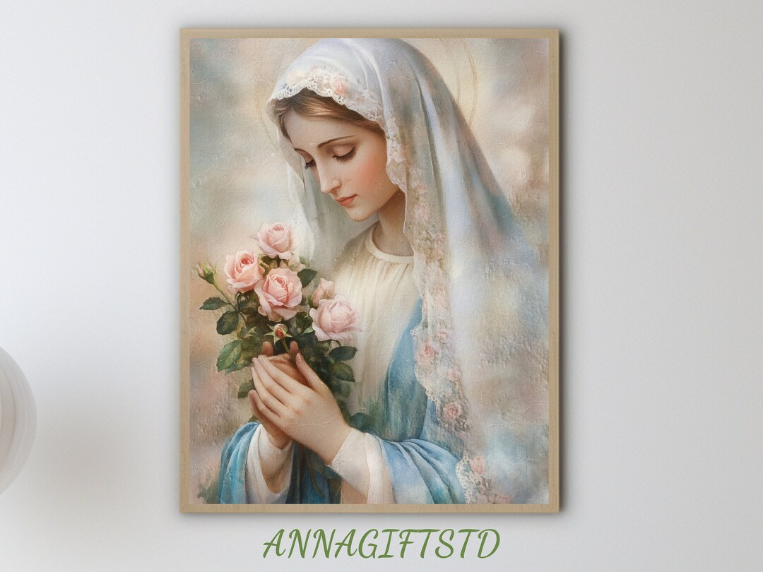 Mother Mary Painting With Roses: Catholic Christian Art (digital ...