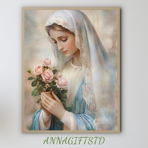 Mother Mary Painting with Roses: Catholic Christian Art (Digital Download)