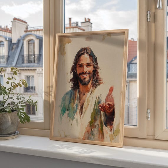 Smiling Jesus Christ Wall Art,Modern Christian Decor, Catholic Print for Living Room,Jesus Reaching Out,Religious Gift,Faith Based Home Art