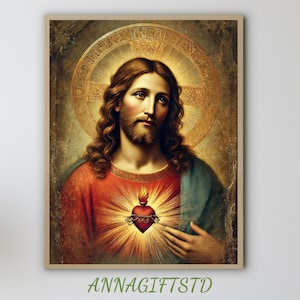 Sagrado Coração de Jesus, Luz Divina Antiga, Pintura a Óleo de Jesus, Pintura de Jesus, Retrato de Jesus, Arte Cristã, Download Digital, N479