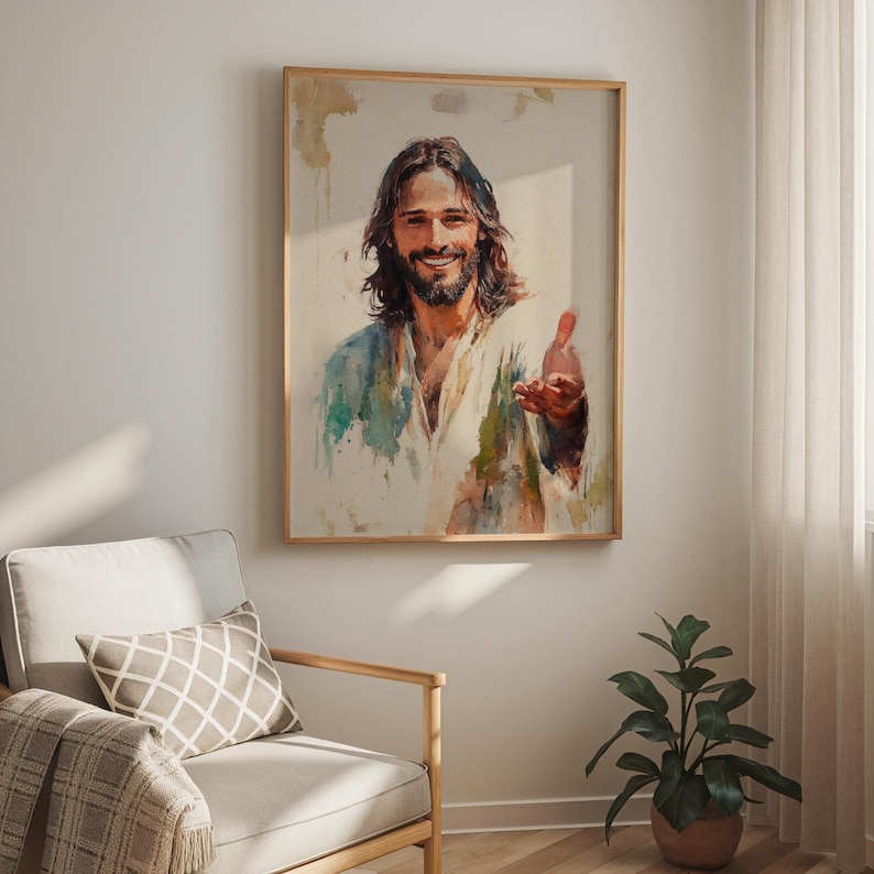 May include: A framed watercolor painting of a smiling man with long brown hair and a beard, wearing a white robe with blue and green accents. The artwork is displayed on a wall above a gray armchair with a patterned pillow.