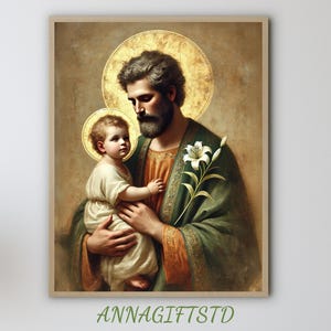 Kunstafdruk Sint-Jozef en kindje Jezus: christelijk olieverfschilderij (digitale download)