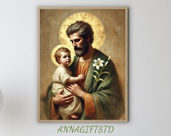 Saint Joseph holding baby Jesus, Christian Painting, Modern Christian Art,Oil Painting Art, Digital Dowload, Saint Joseph N465