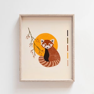 Mid Century Modern Red Panda Art Print Asian Wall Art Moon Illustration