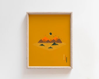 Surreal Mountain Landscape Art Print, Cosmic Wall Art, Mountains Art Print, Volcano Art, Minimalist home decor, Japanese art